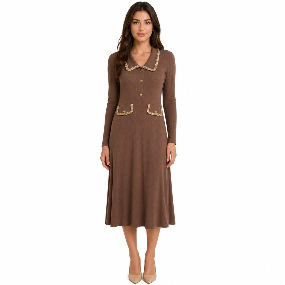 Cider 2020s Brown Ribbed Midi Dress Gold Trim Stretch NWT  Large